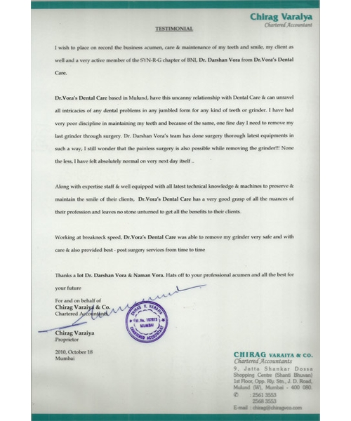 TESTIMONIAL  CHIRAG VARIYA